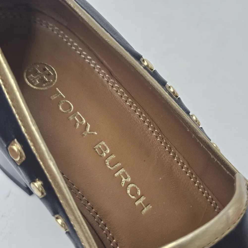 Tory Burch Studded Block Heel Loafer Pump Black Gold Leather Left Shoe 6.5 US